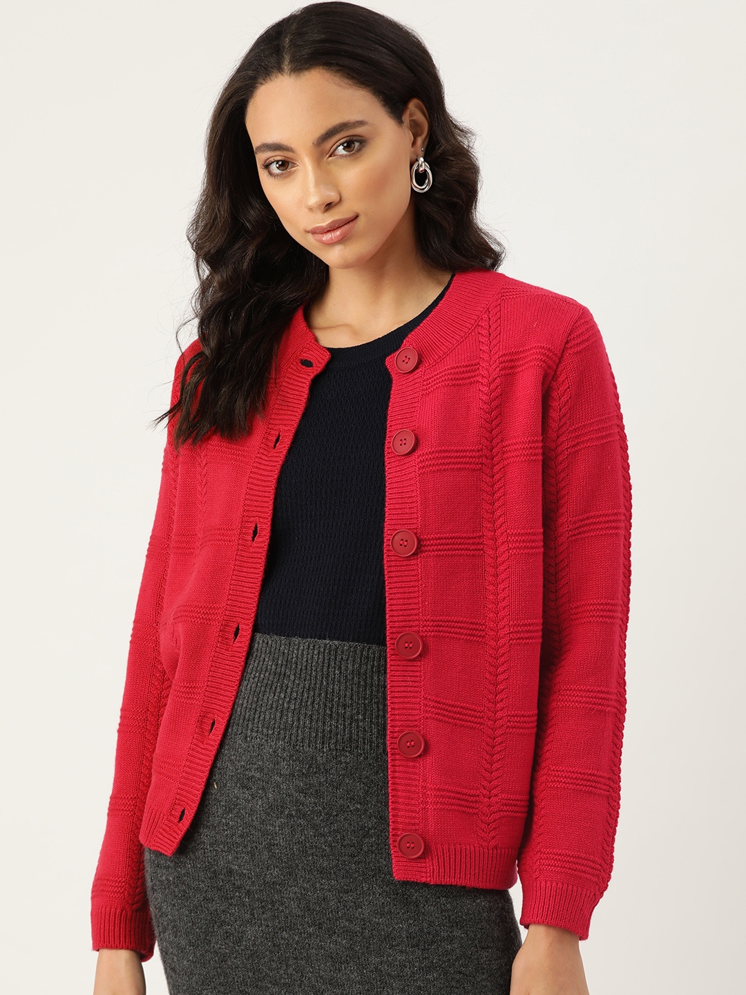 Buy Madame Women Red Checked Cardigan Sweater - Sweaters for Women ...