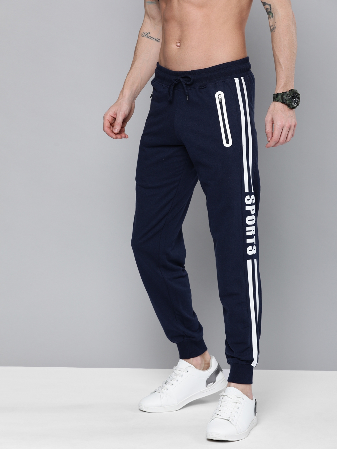 Buy HERE&NOW Men Navy Blue Solid Regular Fit Joggers With Side Stripes ...