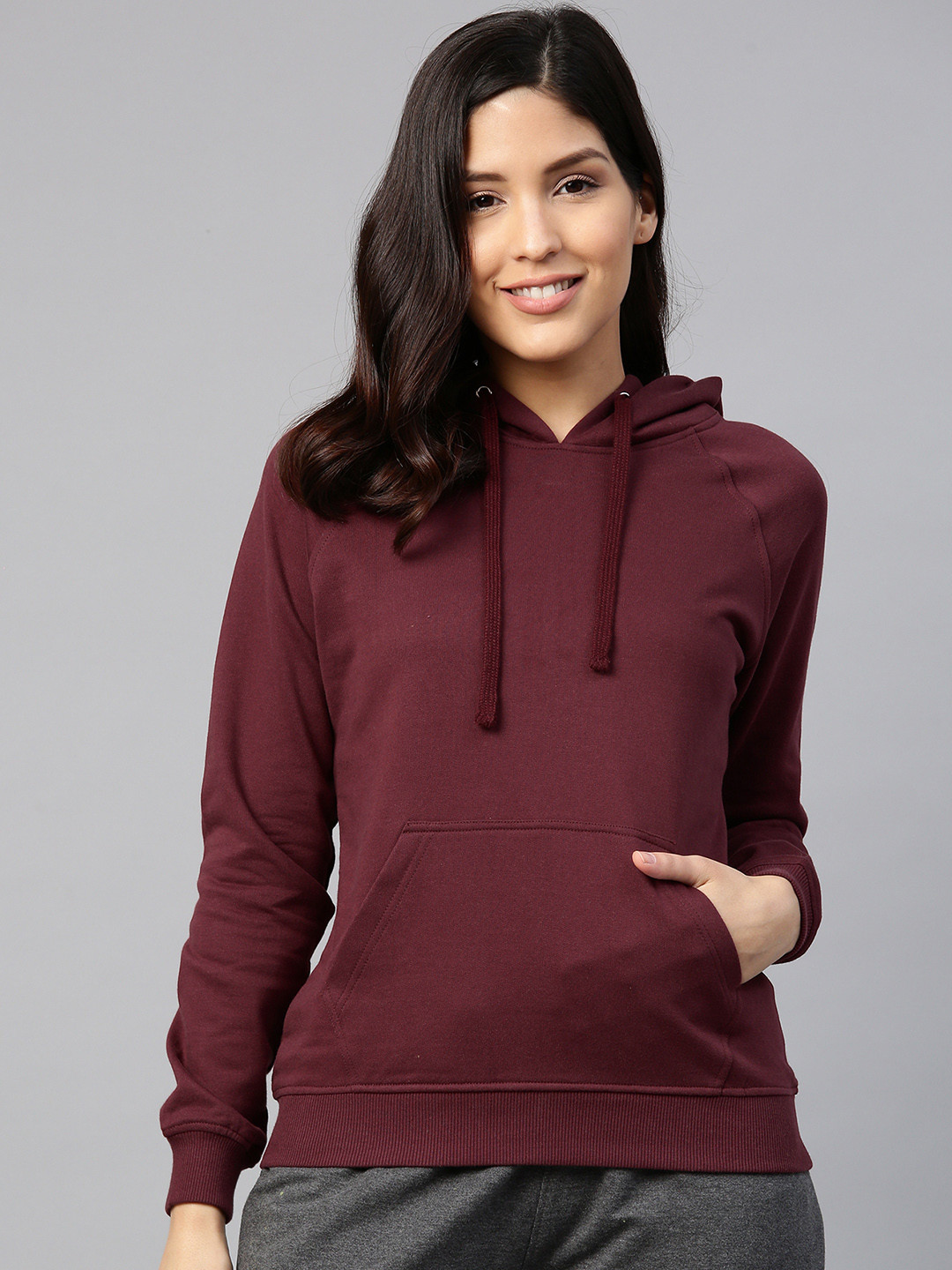 Buy VividArtsy Women Burgundy Solid Hooded Sweatshirt Sweatshirts for