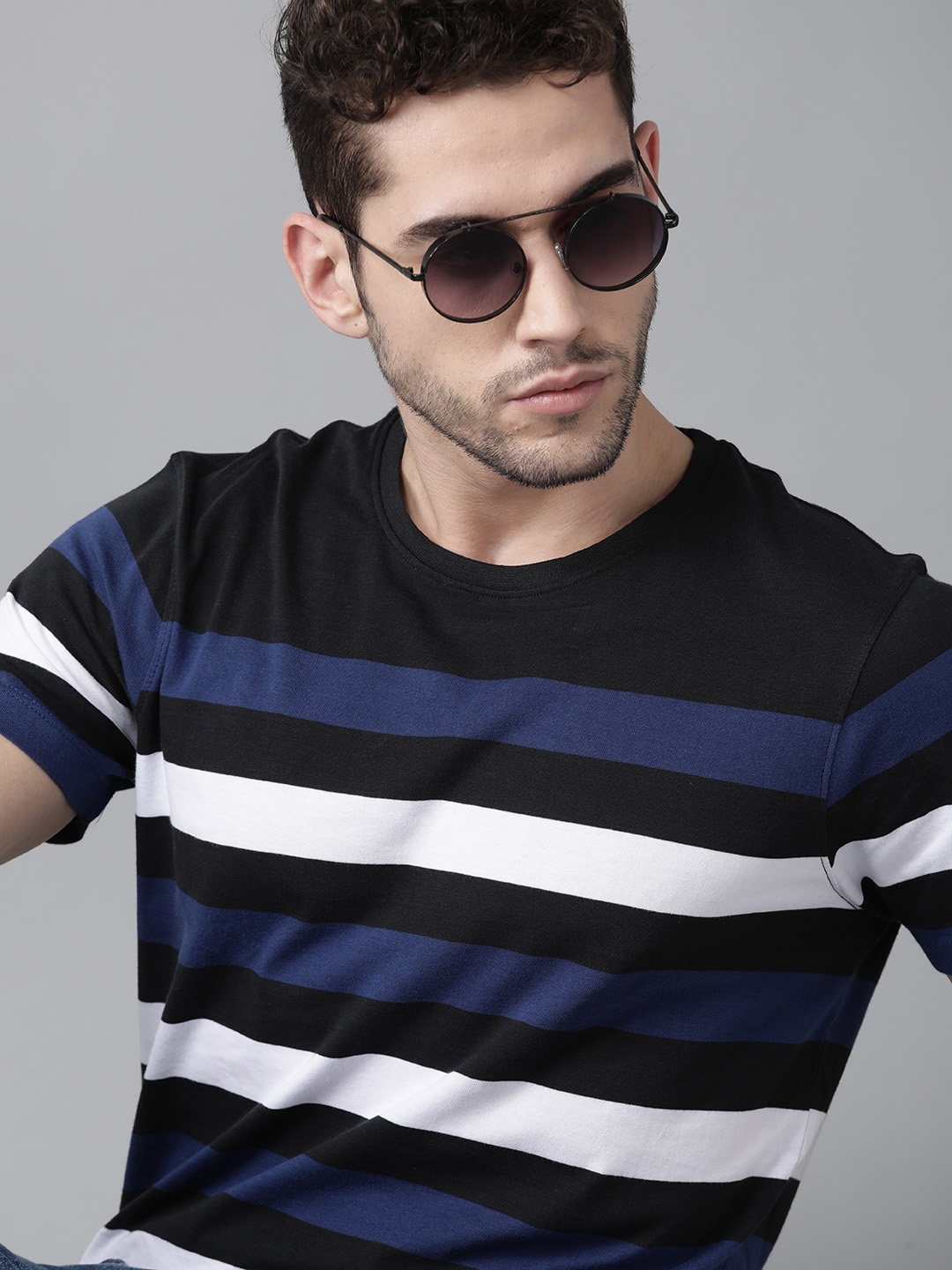 Buy Roadster Men Black White Striped Round Neck Pure Cotton T Shirt Tshirts For Men 12907358 