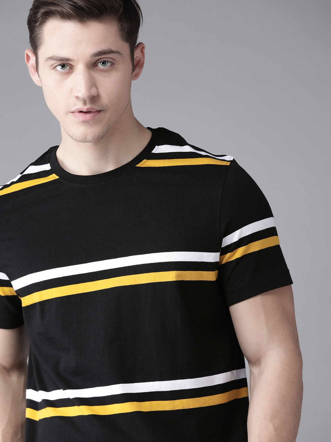 Buy Roadster Men Black White Striped Round Neck Pure Cotton T Shirt ...