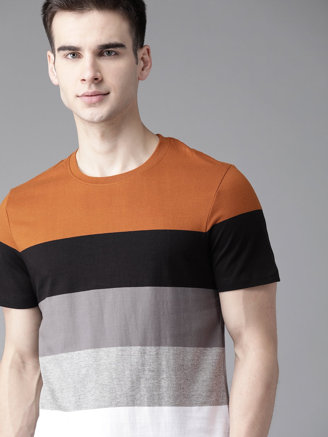 Buy Roadster Men Mustard Brown And White Pure Cotton Striped Round Neck T Shirt Tshirts For Men 