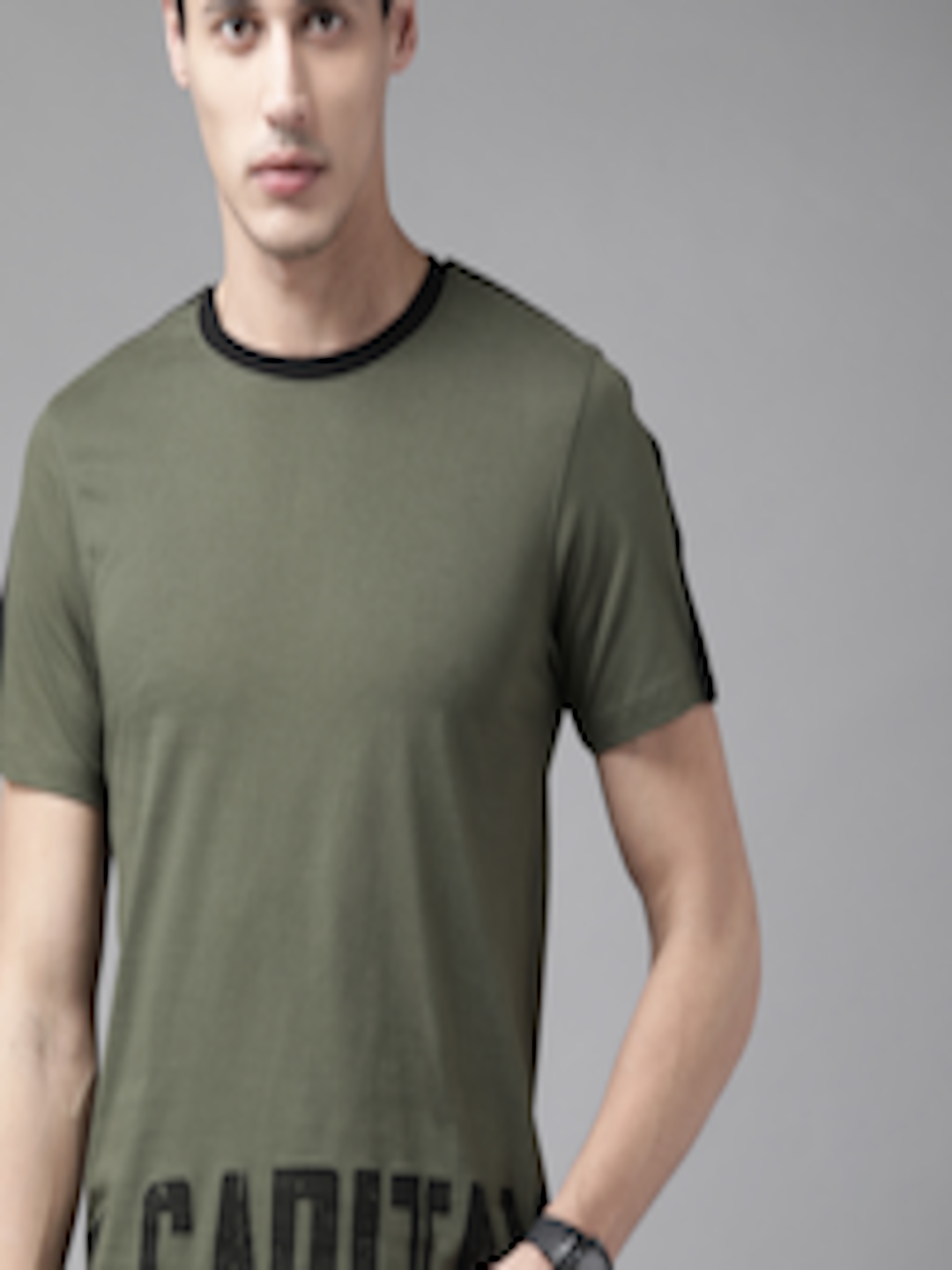 Buy Roadster Men Olive Green Typography Printed Pure Cotton T Shirt ...