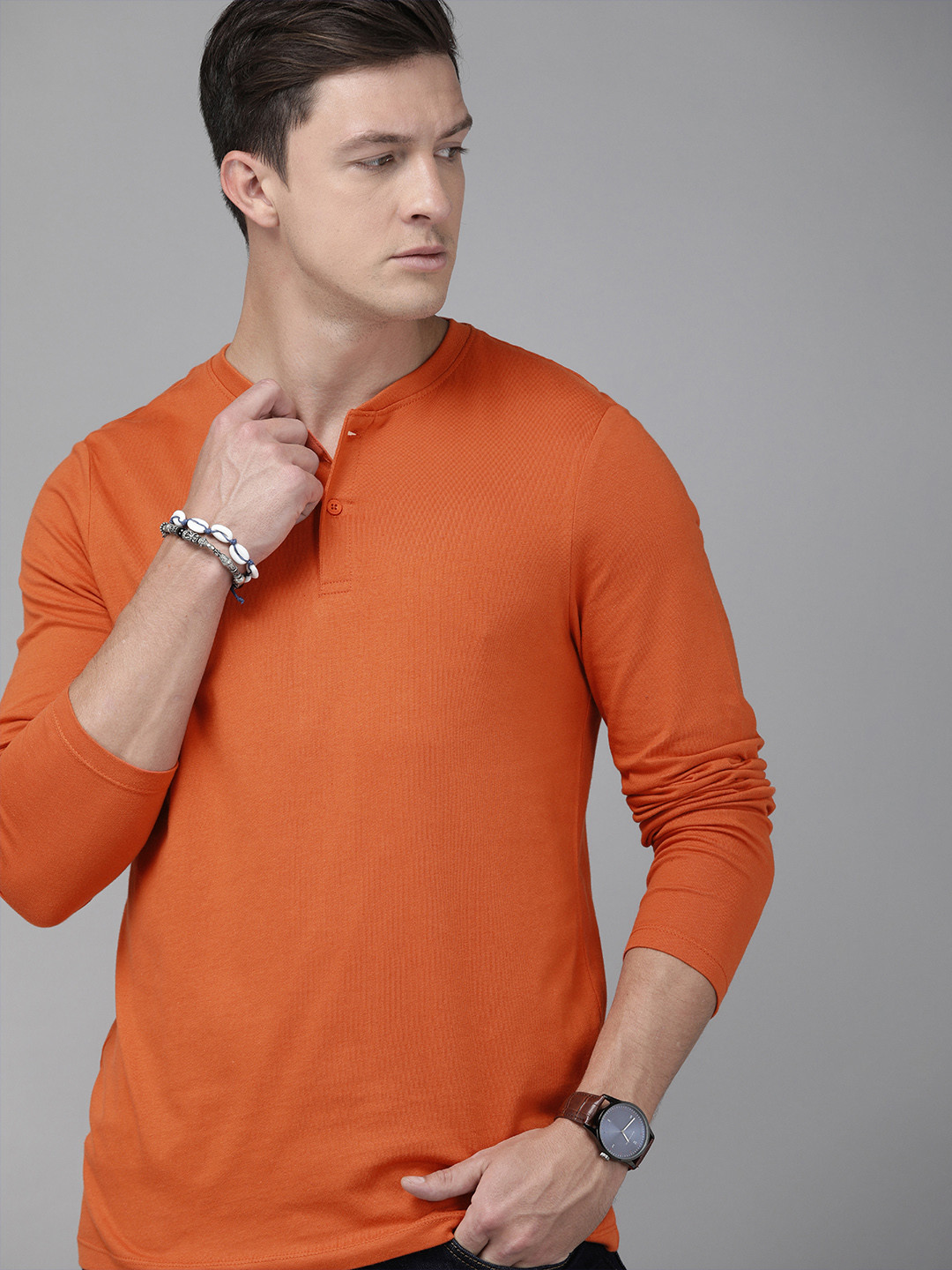 Buy Roadster Men Orange Solid Henley Neck Pure Cotton T Shirt Tshirts