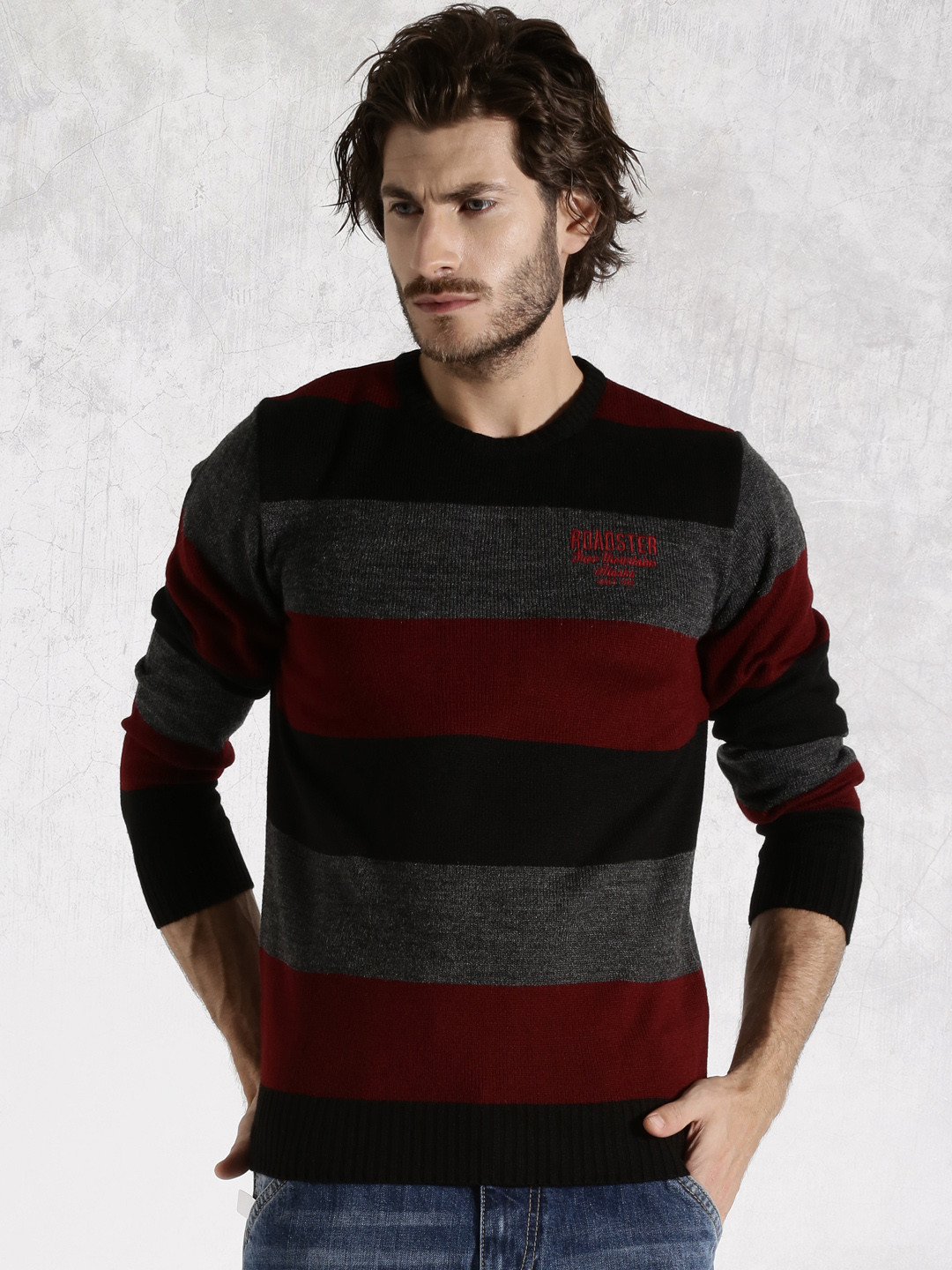 Buy Roadster Red & Black Striped Sweater Sweaters for Men 1291418