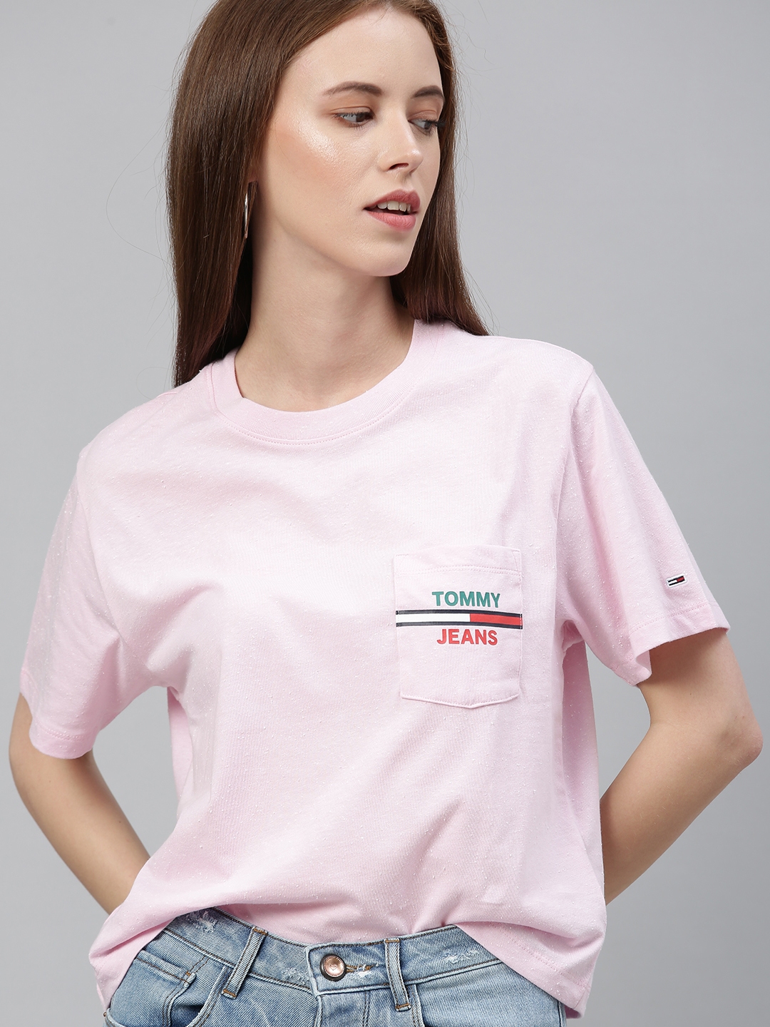 Buy Tommy Hilfiger Women Pink Solid Round Neck T Shirt With Pocket ...