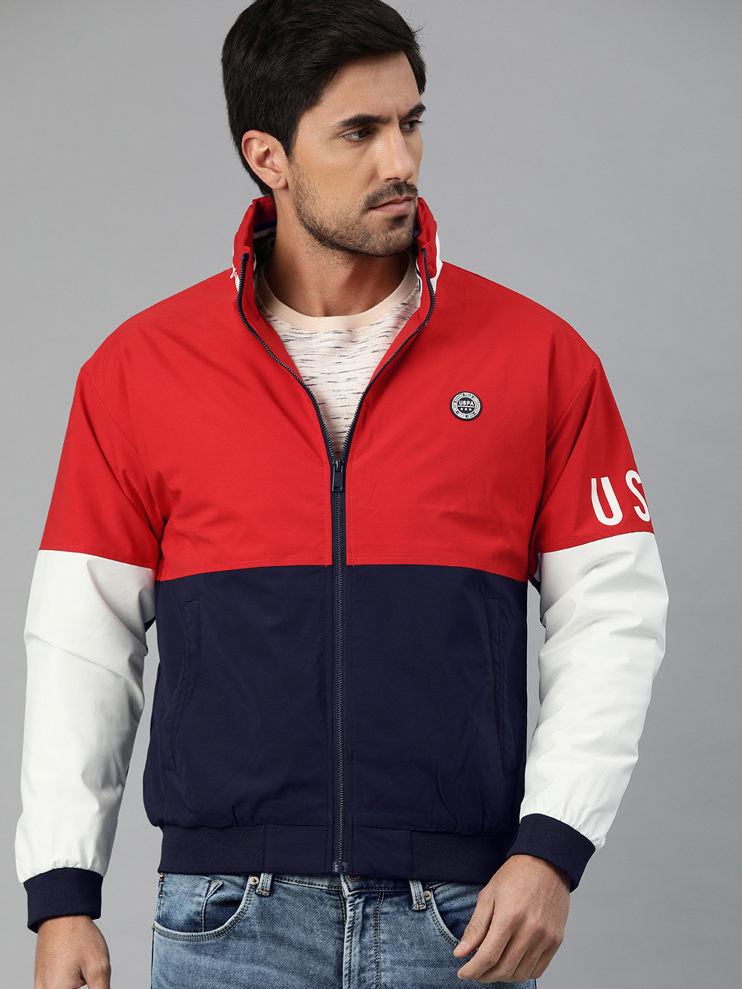Buy U.S. Polo Assn. Men Red & Navy Blue Colourblocked Bomber - Jackets for Men 12916470 | Myntra
