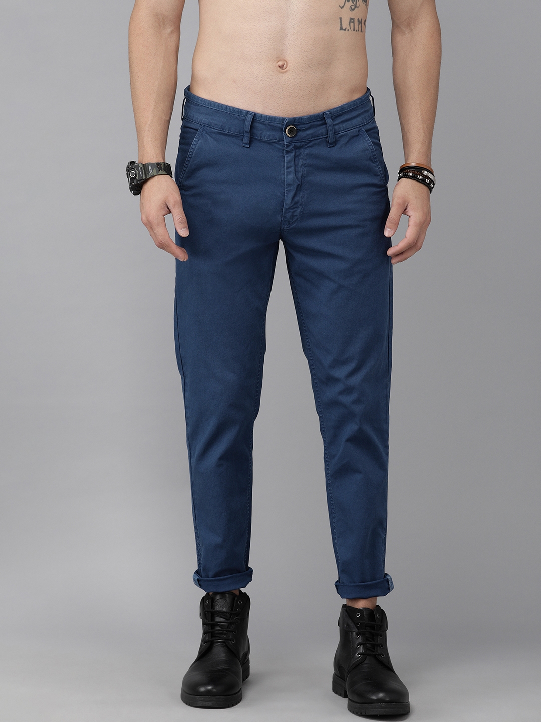 Buy Roadster Men Blue Slim Fit TAPERED DOBBY Solid Regular Trousers ...