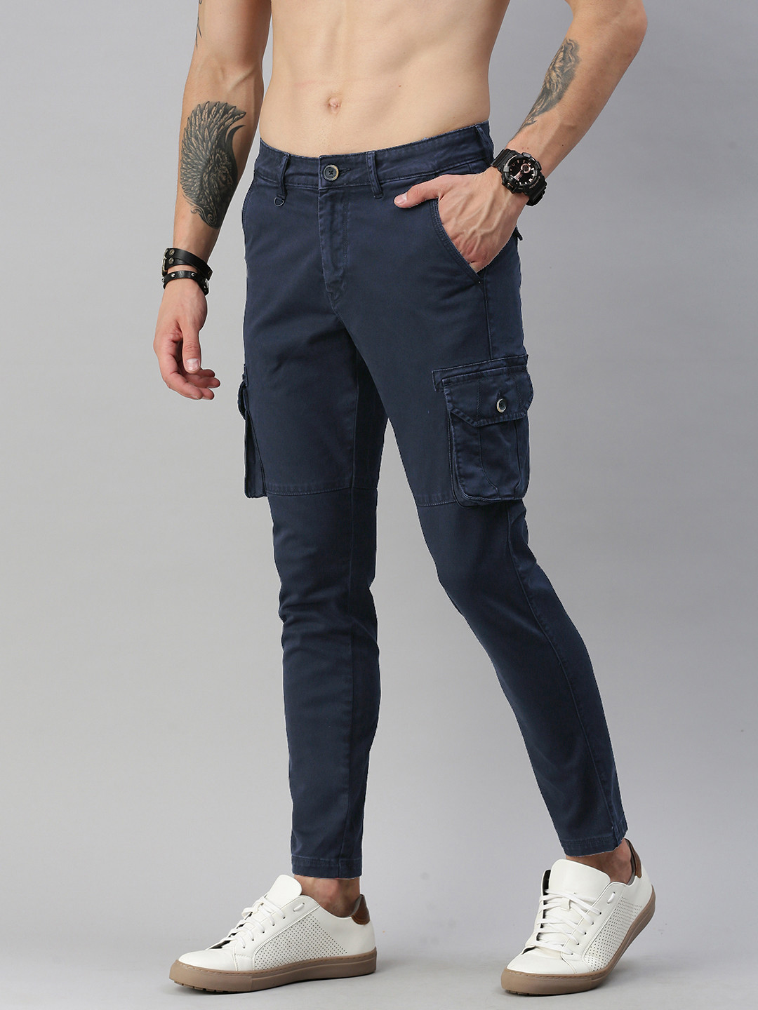 Buy Roadster Men Navy Blue Regular Fit Solid Cargos - Trousers for Men ...