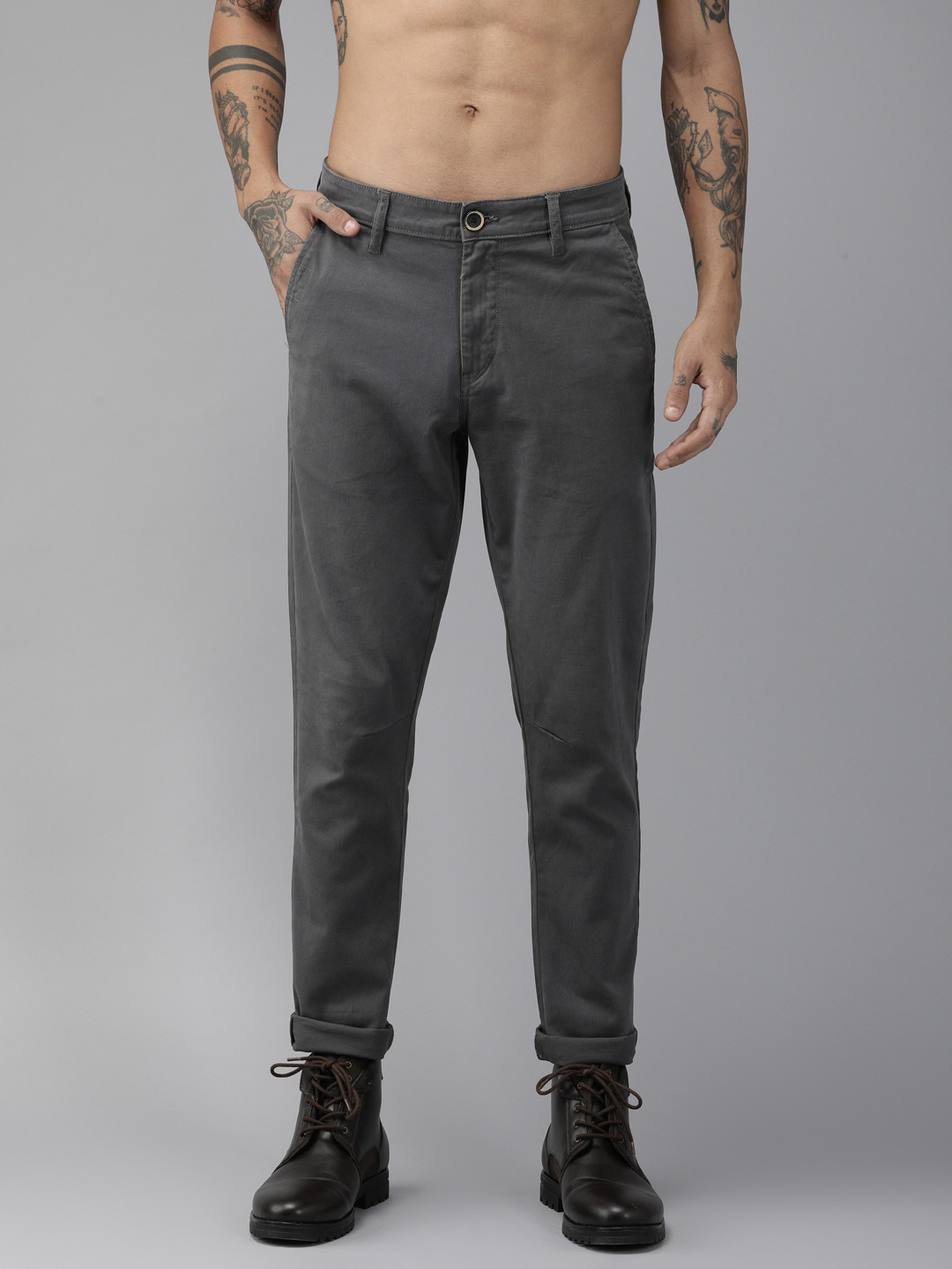 Buy Roadster Men Grey Regular Fit Solid Chinos - Trousers for Men ...