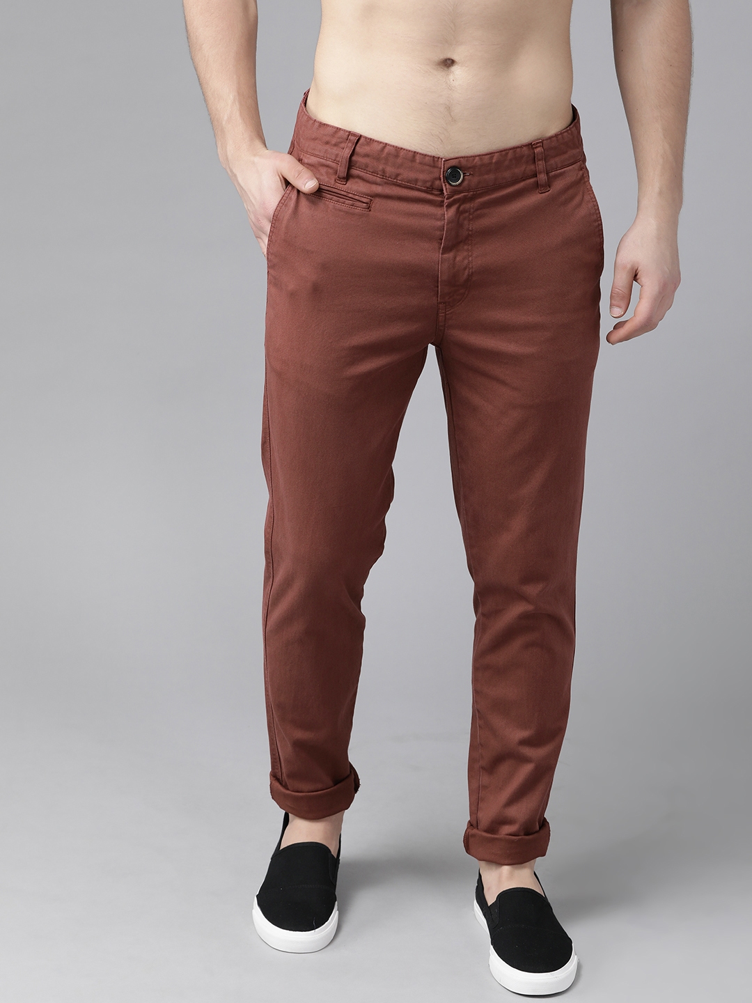 Buy Roadster Men Rust Brown Regular Fit Solid Regular Trousers ...