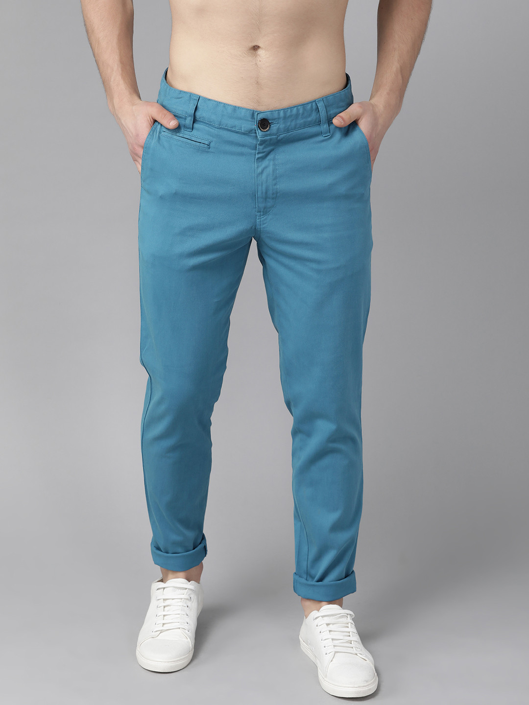 Buy Roadster Men Turquoise Blue Slim Fit Solid Chinos - Trousers for ...