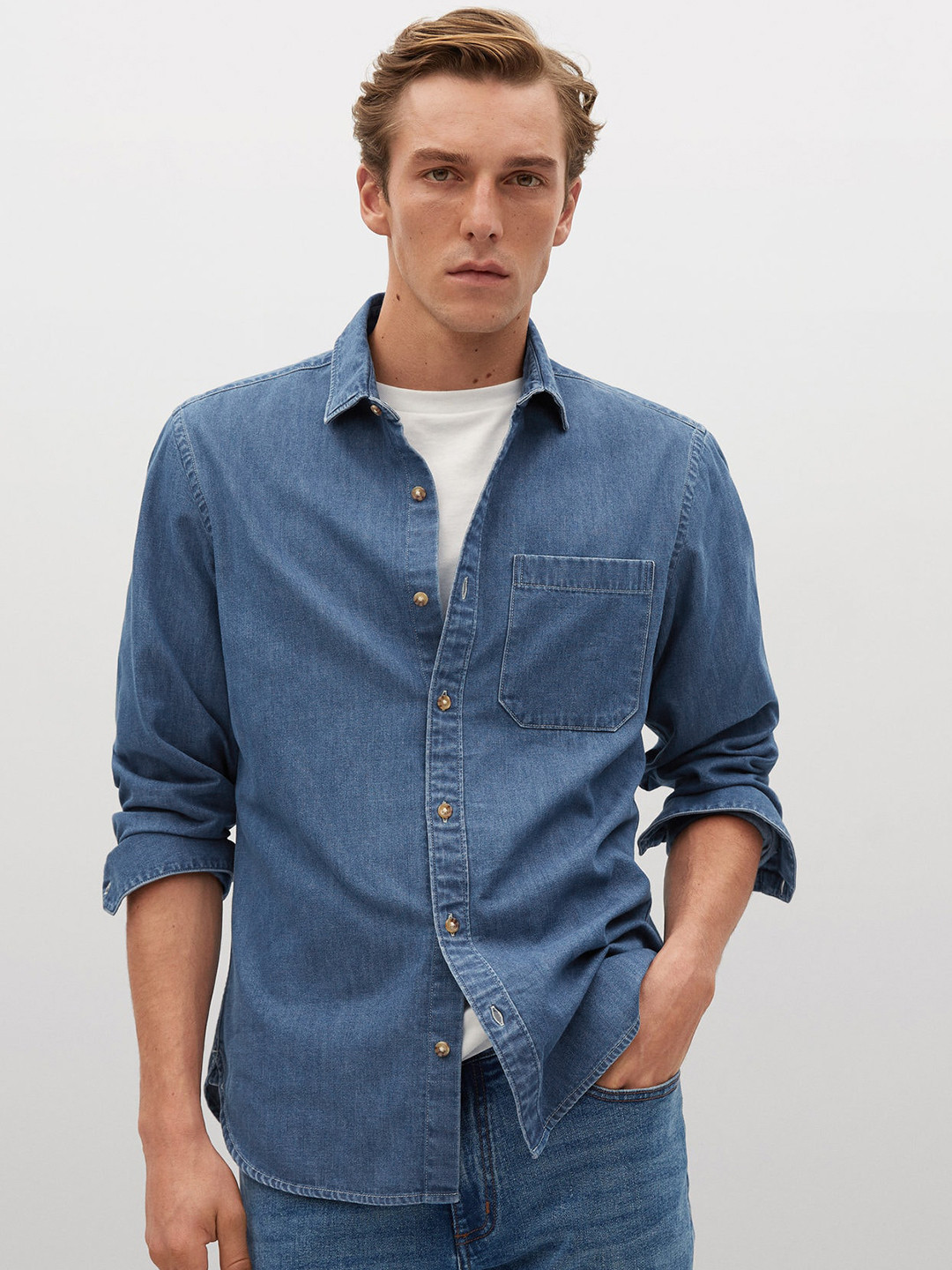 Buy MANGO MAN Navy Blue Solid Regular Fit Sustainable Denim Casual Shirt Shirts for Men