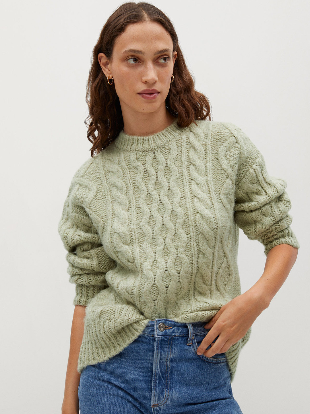 Buy MANGO Women Sea Green Cable Knitted Acrylic Pullover Sweaters for