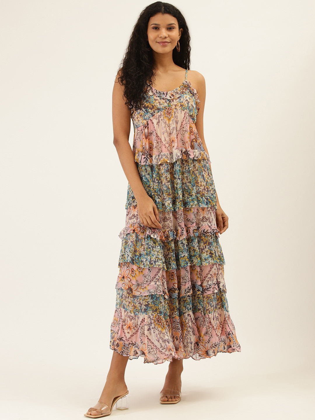Buy Label Ritu Kumar Women Pink & Blue Floral Print Tiered Ruffled Maxi Dress - Dresses for 
