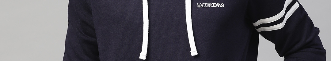 Buy UnderJeans By Spykar Men Navy Blue & White Solid Hooded Sweatshirt ...