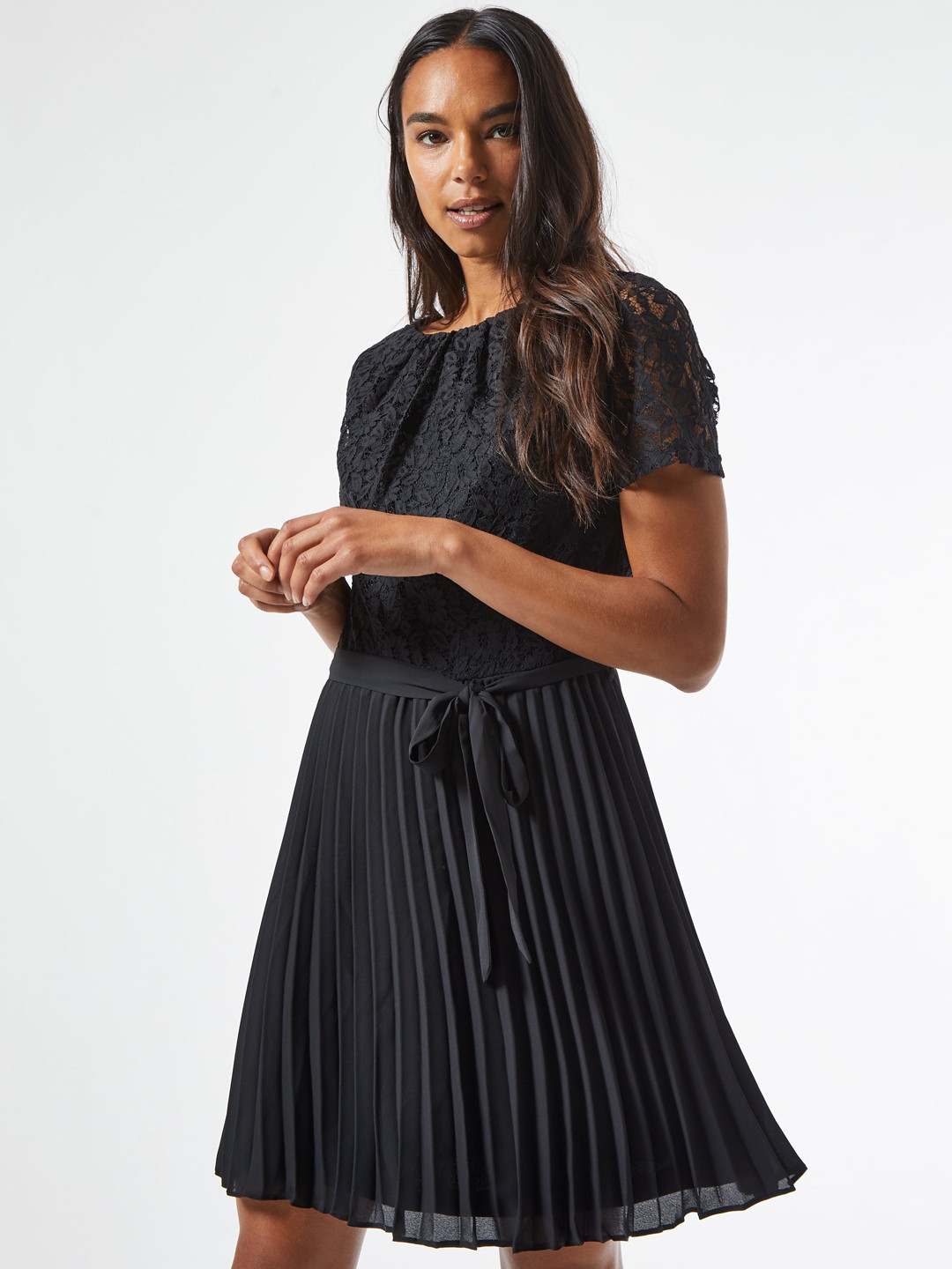 Buy DOROTHY PERKINS Women Black Self Design Lace Detail Accordion Pleated Fit And Flare Dress 