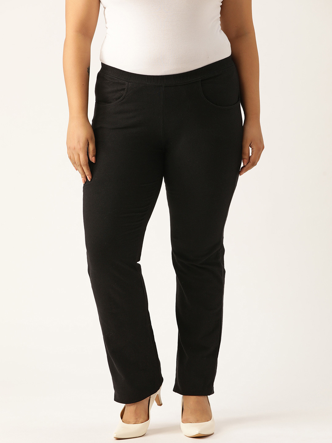 Buy Revolution Women Plus Size Black Knitted Easy Wash Relaxed Fit High Rise Regular Trousers 
