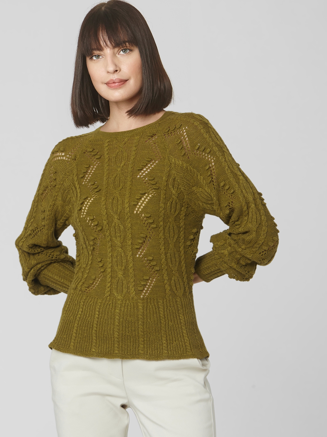 Buy Vero Moda Women Olive Green Cable Knit Self Design Pullover Sweater