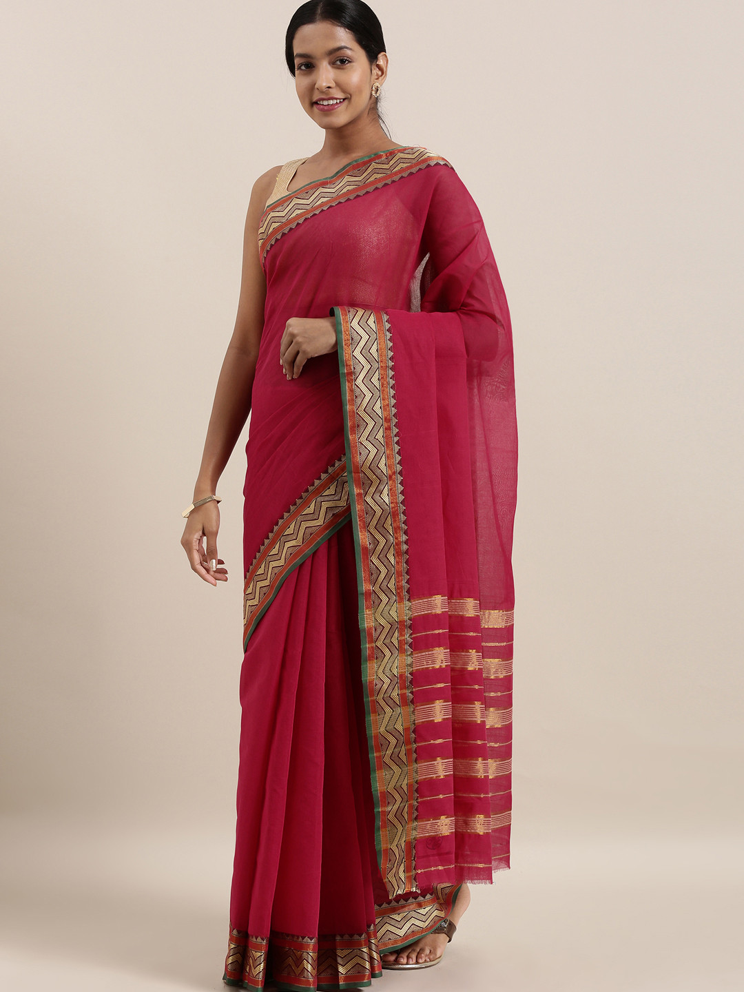 Buy The Chennai Silks Pink Solid Pure Cotton Saree Sarees for Women