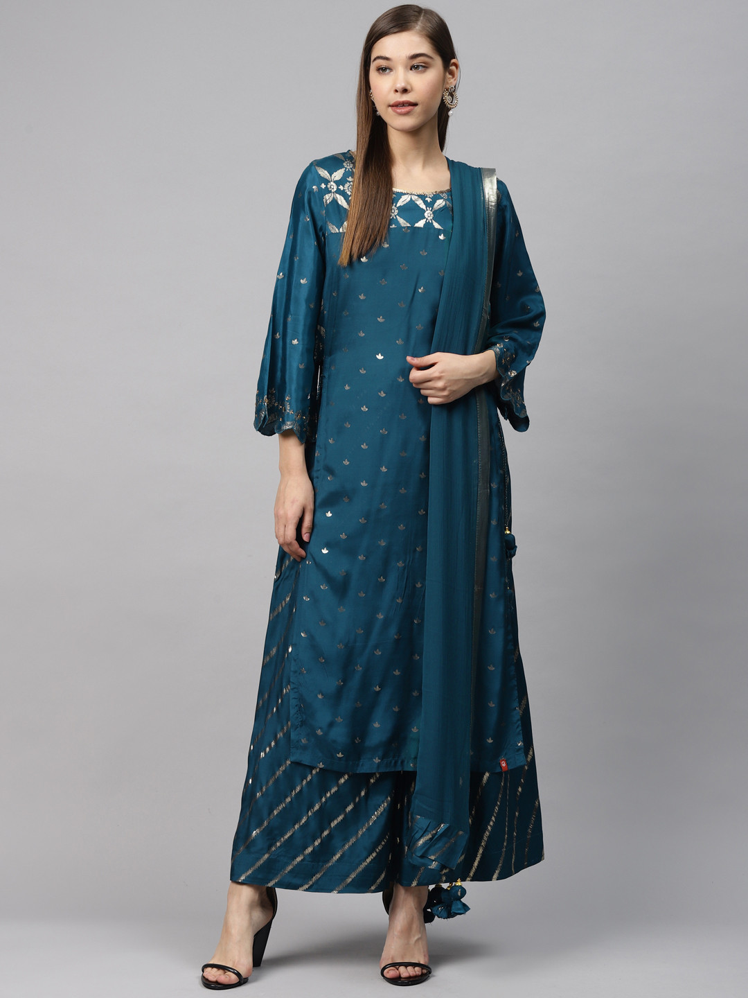 Buy Biba Women Teal Blue & Golden Printed Kurta With Palazzos & Dupatta