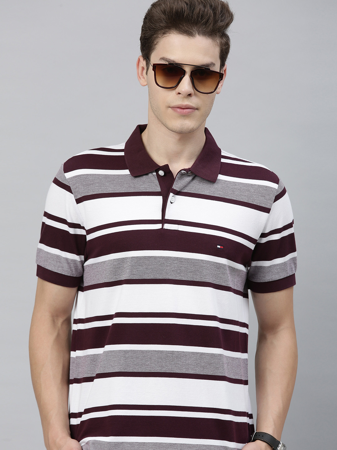 Buy Tommy Hilfiger Men Burgundy Striped Polo Collar T Shirt - Tshirts for Men 12959570 | Myntra