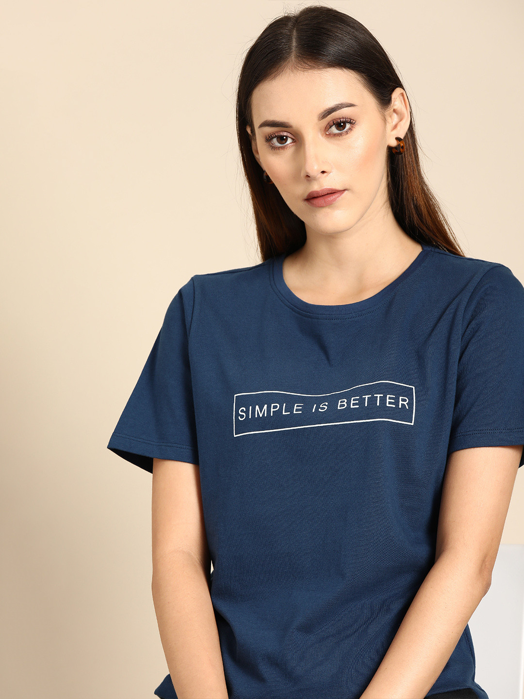 Buy Ether Women Navy Blue Printed Round Neck T Shirt Tshirts for