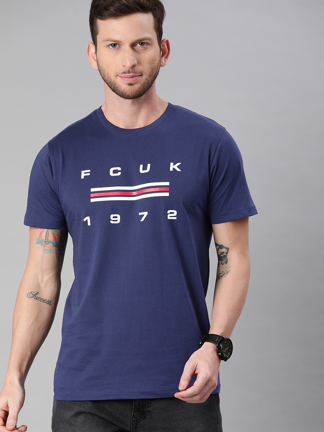 Buy French Connection Men Navy Blue White Pure Cotton Brand Logo Print ...