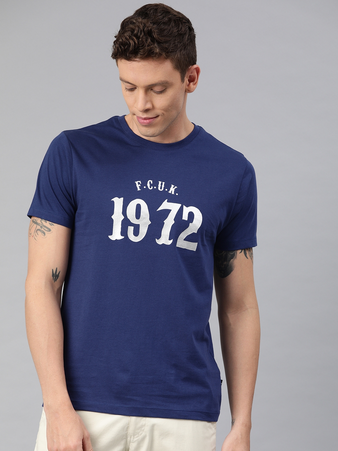 Buy French Connection Men Navy Blue Printed Round Neck T Shirt ...