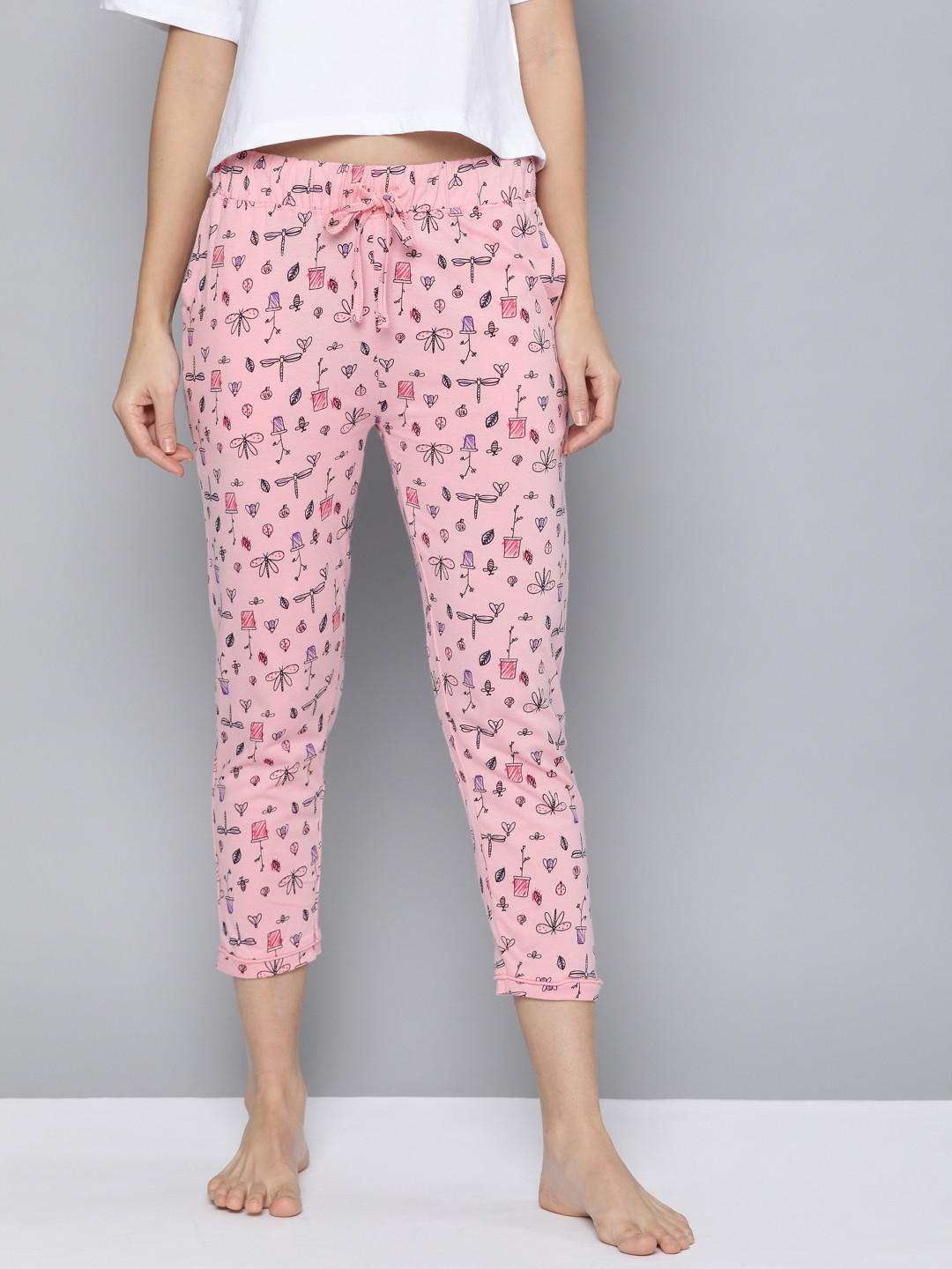 Buy HERE&NOW Women Pink & Black Printed Cropped Lounge Pants Lounge