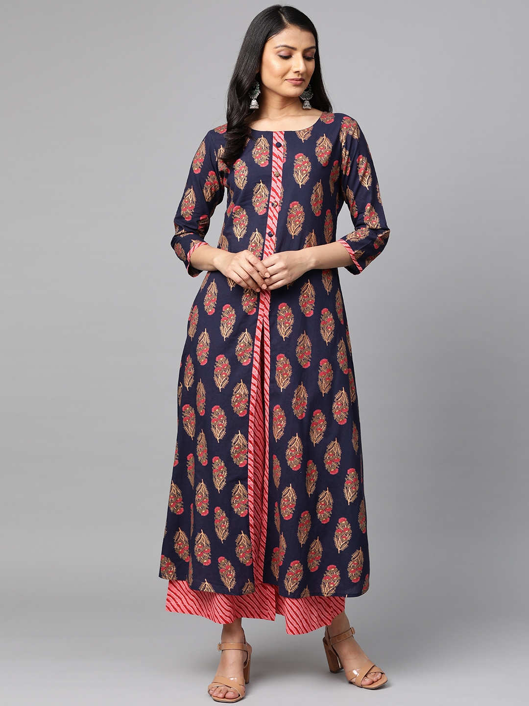 Buy Mokshi Women Navy Blue & Pink Printed Kurta With Palazzos - Kurta ...