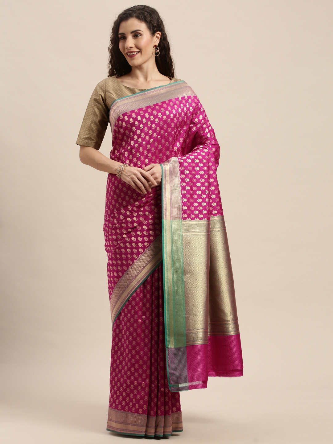 Buy Taneira Pink & Gold Coloured Pure Silk Woven Design Banarasi Saree ...