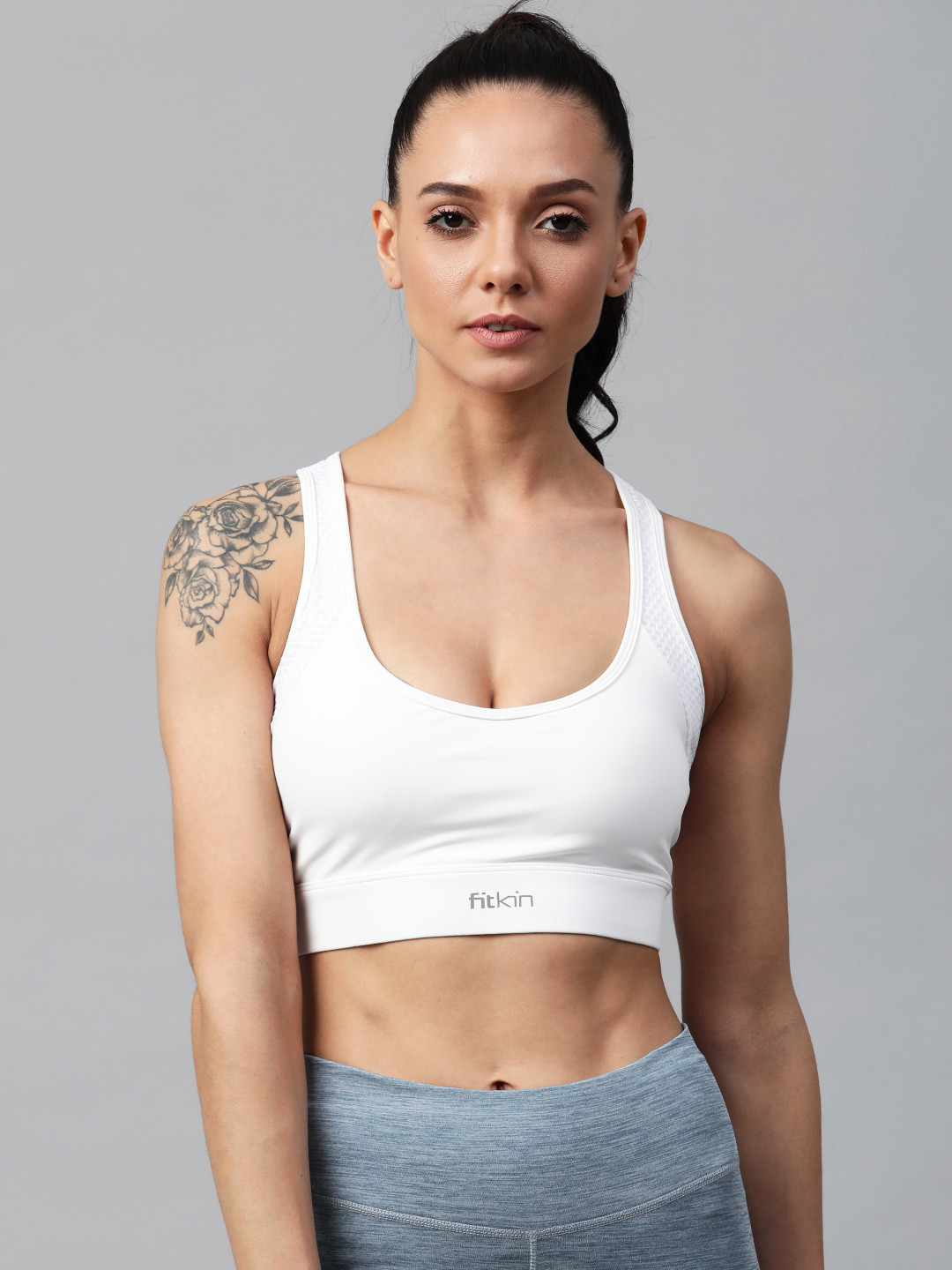 Buy Fitkin White Solid Removable Padded Non Wired Cross Back Sports Bra