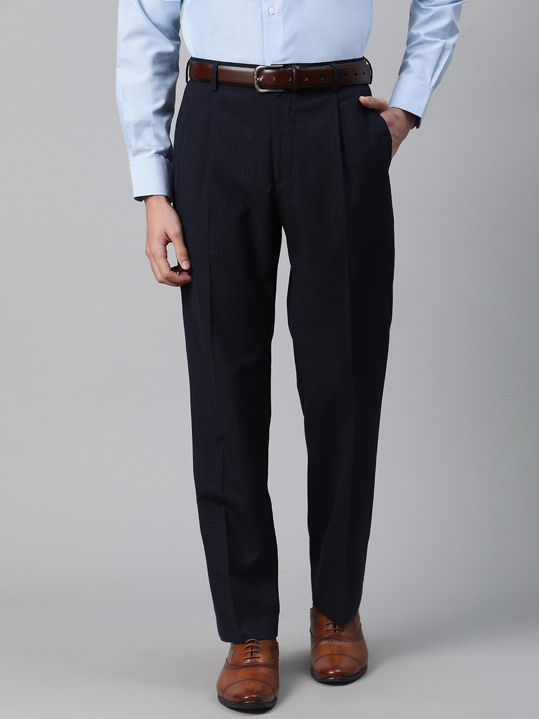 Buy Marks & Spencer Men Navy Blue Regular Fit Self Design Formal ...