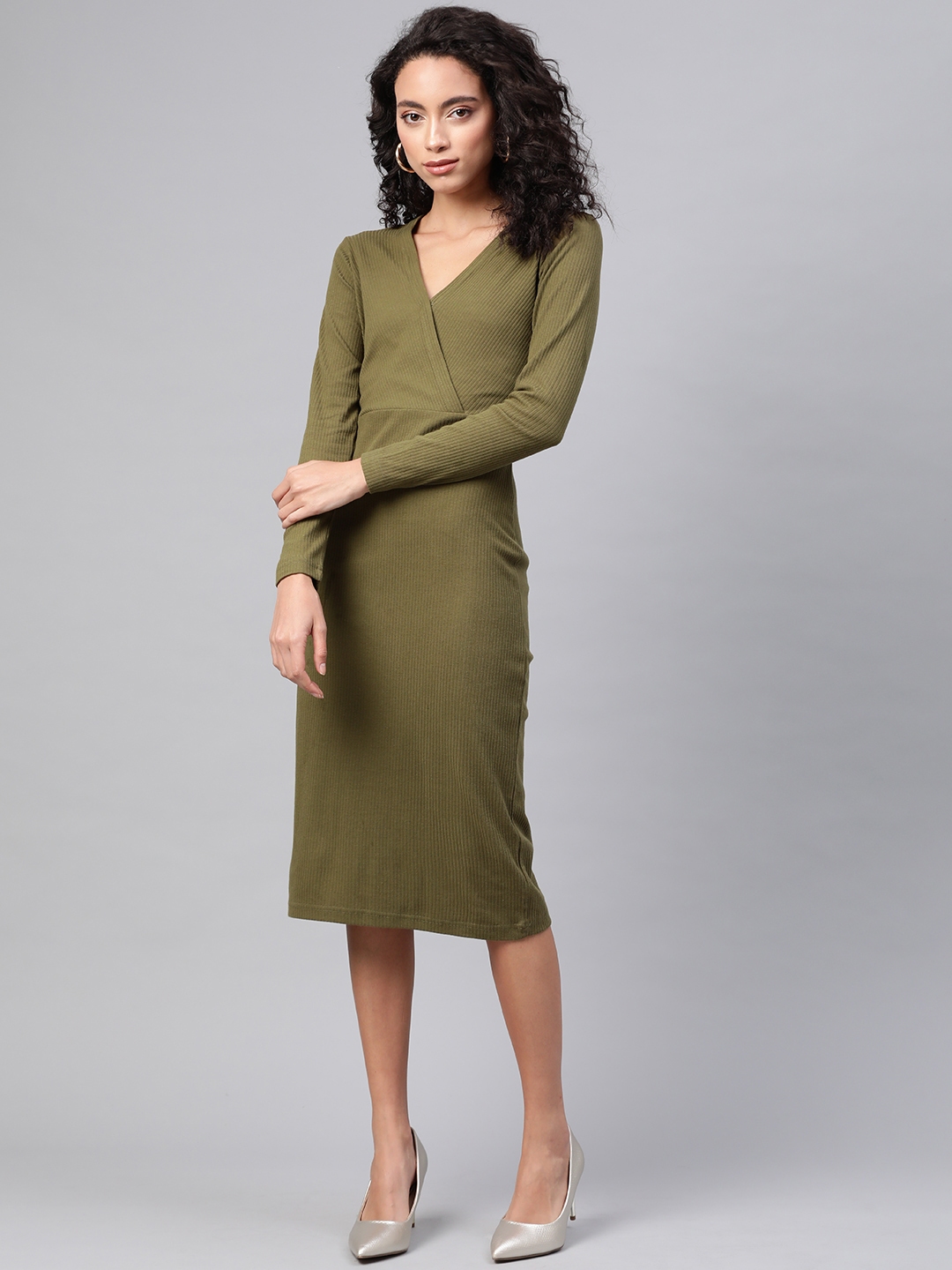 Buy Pluss Women Olive Green Ribbed Wrap Dress Dresses For Women 13002046 Myntra 