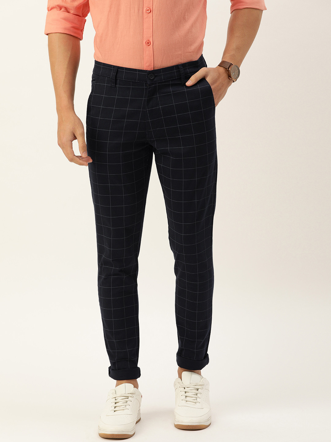 Buy The Indian Garage Co Men Navy Blue & White Slim Fit Checked Chinos - Trousers for Men 