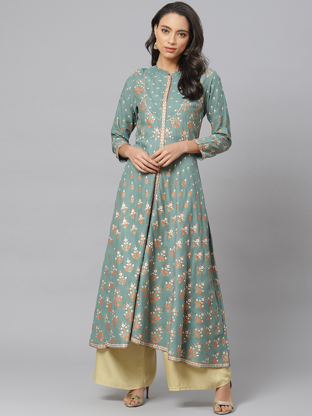 Women Green & Pink Floral Printed Bell Sleeves Floral Anarkali Kurta