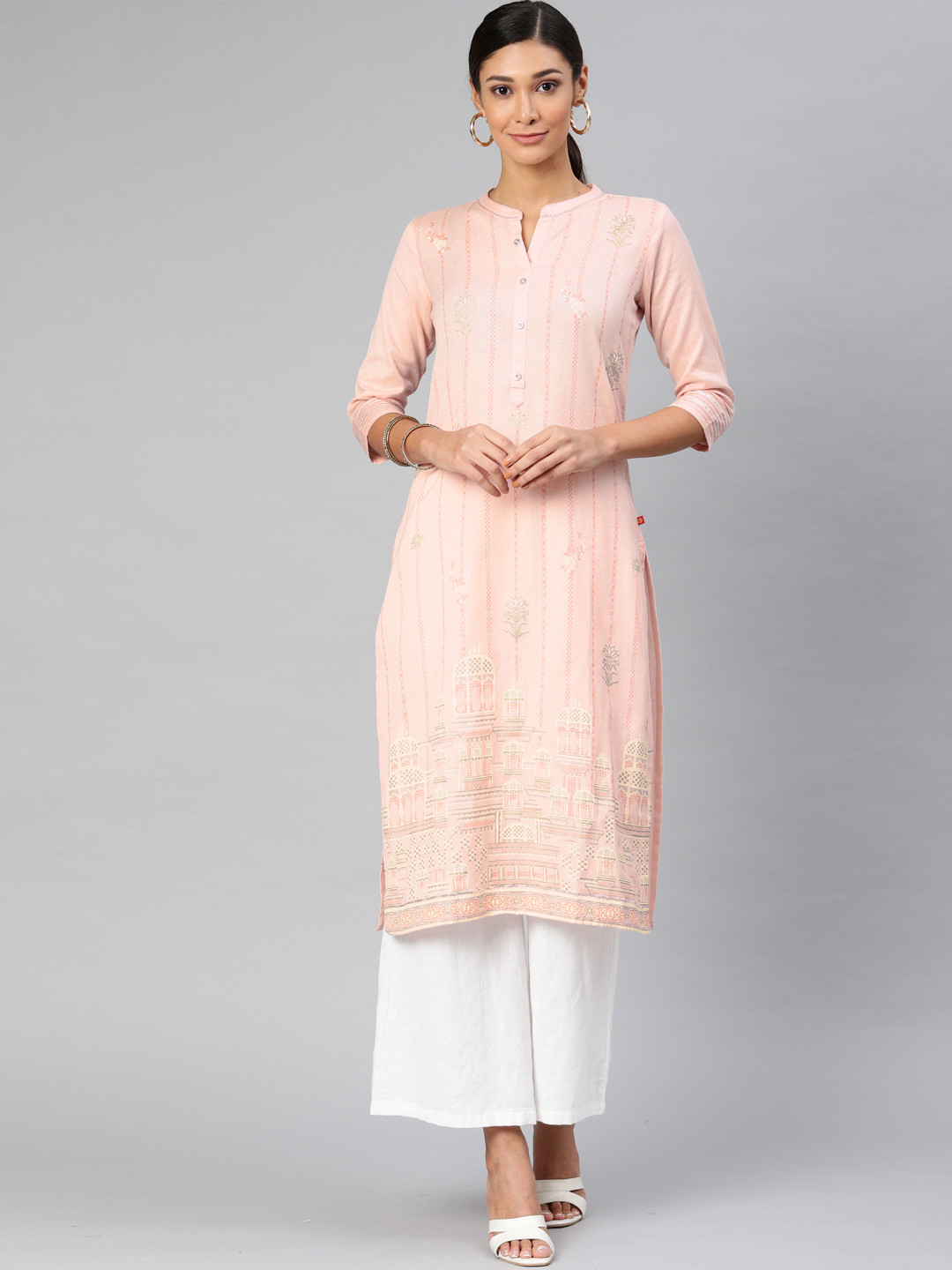 Women Peach-Coloured Printed Straight Kurta