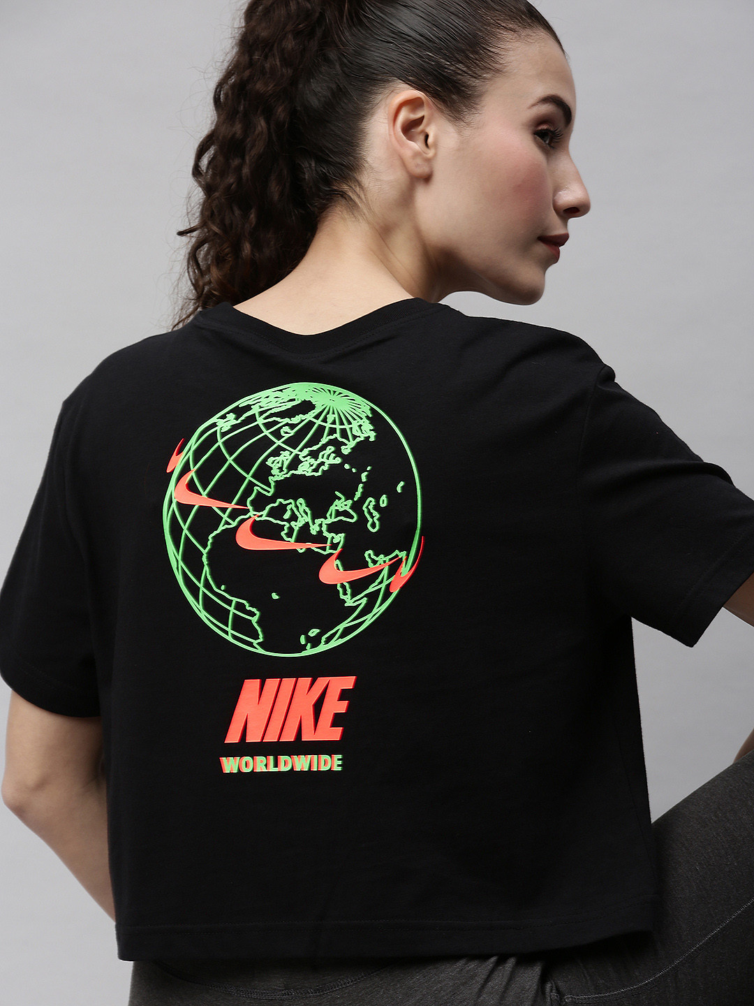 Buy Nike Women Black Printed WORLDWIDE 2 Cotton Crop Pure Cotton T