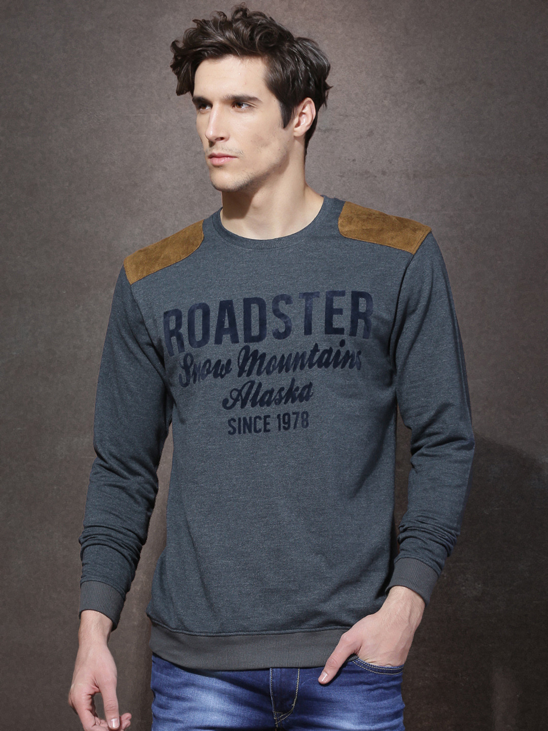 Roadster Grey Flock Print T-shirt with Suede Shoulder Patch