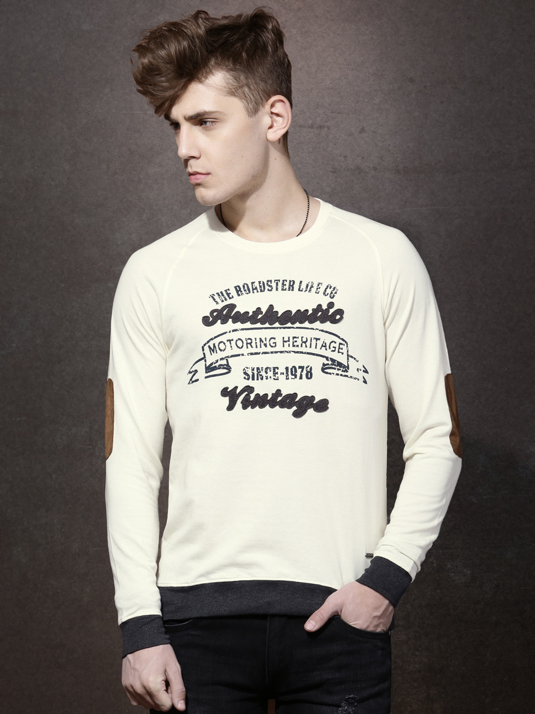 Buy Roadster Men Cream Colored Printed Sweatshirt Sweatshirts for Men