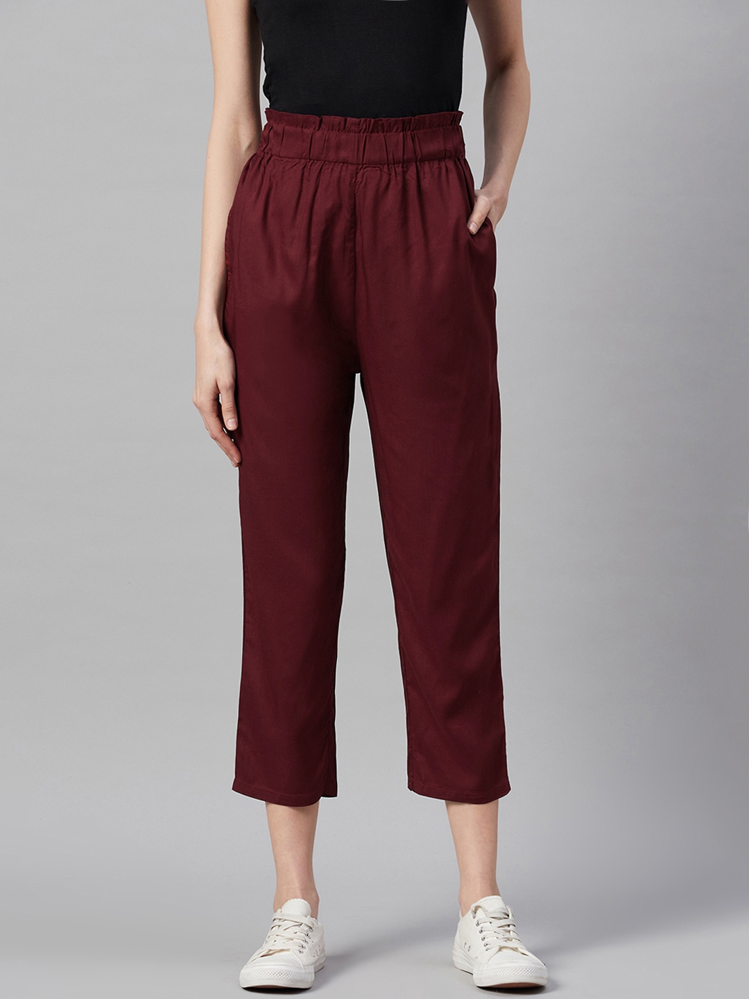 Buy I AM FOR YOU Women Maroon Loose Fit Solid Cropped Regular Trousers ...