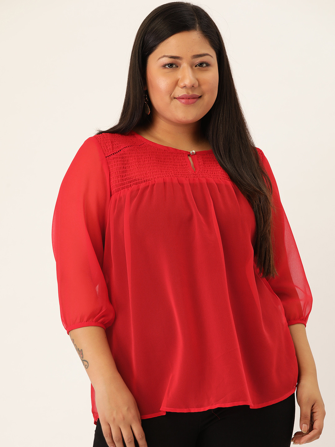 Buy Revolution Women Plus Size Red Solid Sheer Top Tops for Women