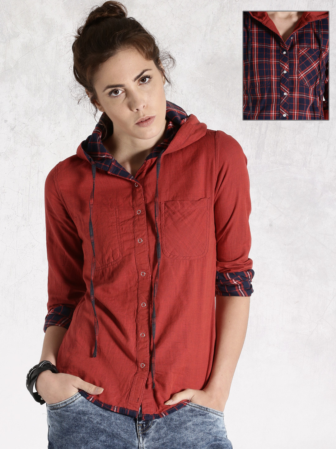 Buy Roadster Red & Navy Reversible Hooded Shirt Shirts for Women