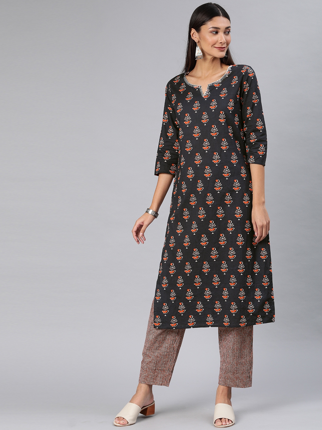 Buy AHIKA Women Charcoal & Brown Printed Kurta With Pyjamas - Kurta ...