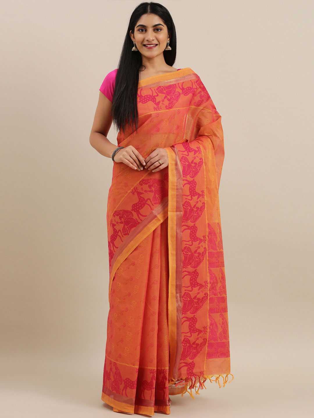 Buy The Chennai Silks Red & Yellow Pure Cotton Woven Design Kovai Saree