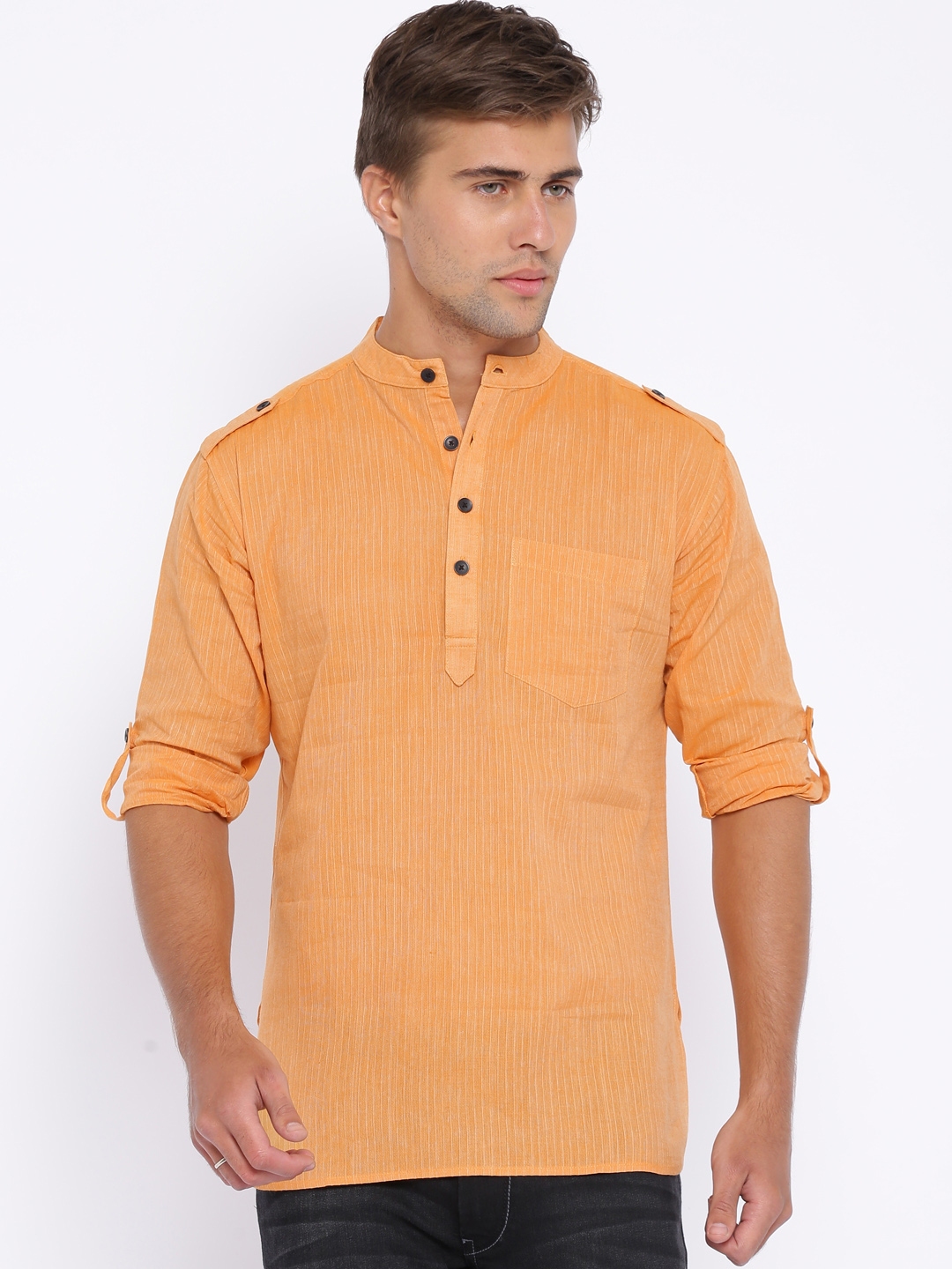 Buy Svanik Orange Self Striped Short Kurta - Kurtas for Men 1303077 ...