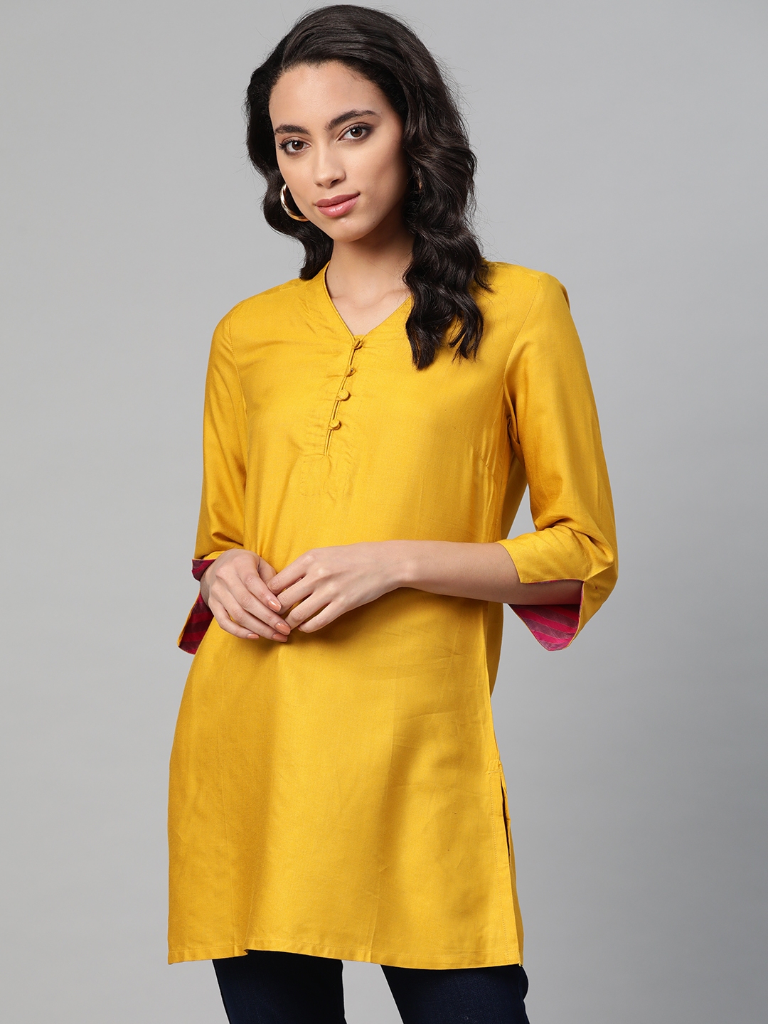 Buy Fabindia Women Mustard Yellow Solid Tunic - Tunics for Women ...