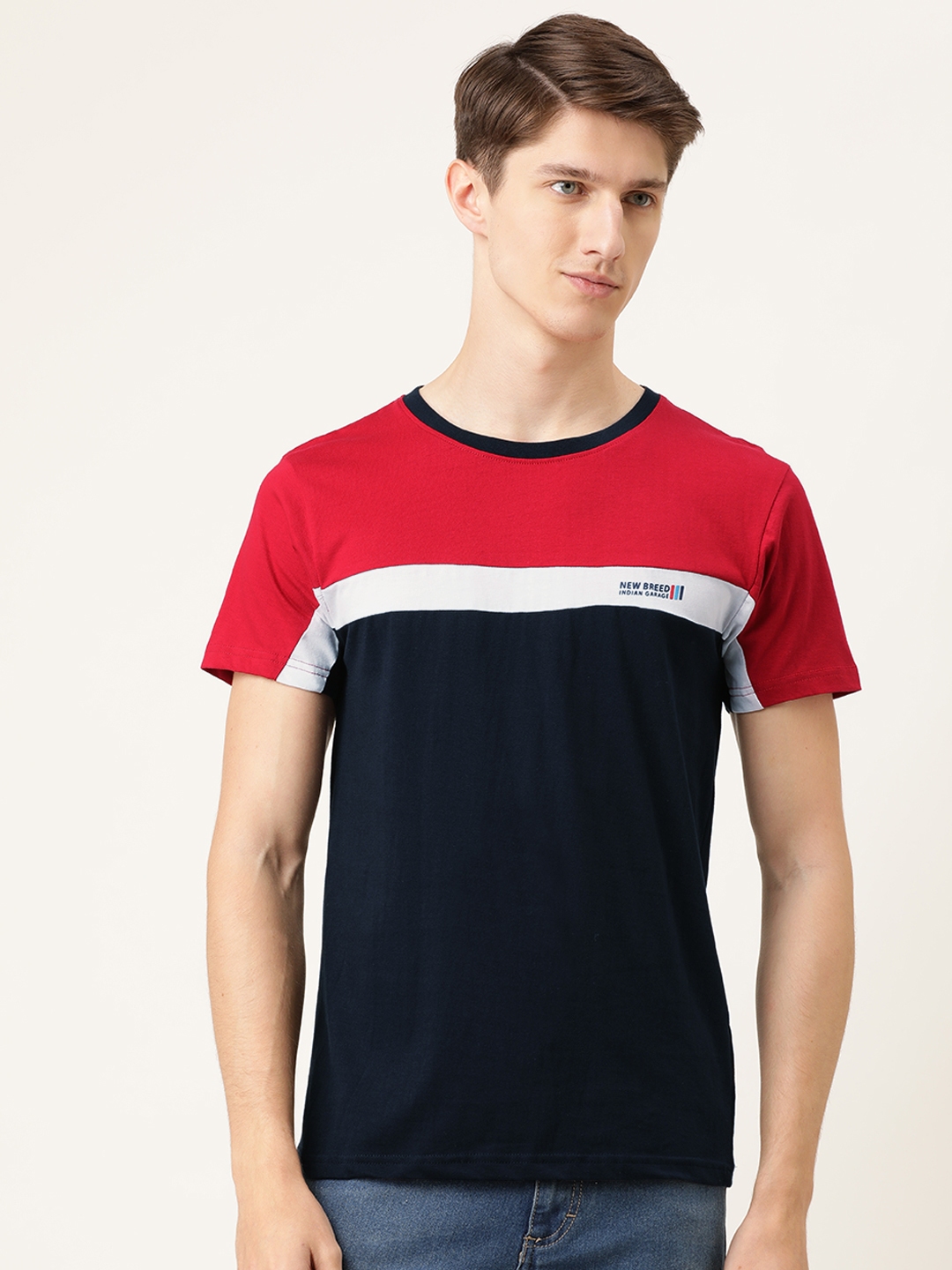 Buy The Indian Garage Co Men Navy Blue Red Colourblocked Round Neck ...