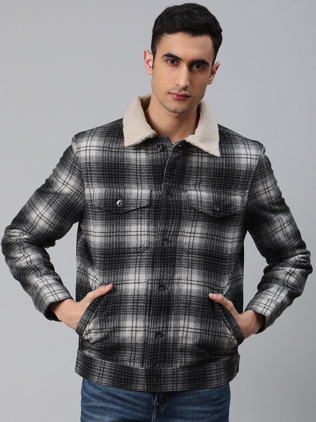 Buy Marks & Spencer Men Grey & Black Checked Tailored Jacket Jackets